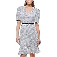 Karl Lagerfeld Paris Women's Belted Knit Tweed Sheath with Puff Sleeve and Flounce Hem