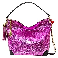 Women’s Large Hobo Slouchy Purse Italian Designer Crossbody Bag Metallic Rose Violet Seashells Embossed Floral Genuine Leather Tote