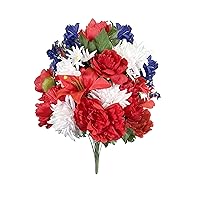 24 Stems Artificial Flower Peony Lily Mum Patriotic Memorial Bouquet Cemetery Decorations for Grave, Spring Faux Flower Arrangement, Veterans, Independence Day, Red White Blue