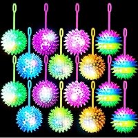 16 Pieces Light Up Ball for Kids Fidget Spiky Ball Stress Relief Balls LED Flashing Basketball with Rope Rubber Flash Squeaky Ball for Adults, Teens and Children(Multi Color, Spiky Ball)
