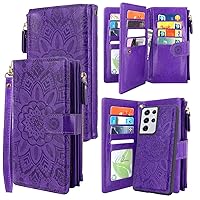 Harryshell Detachable Magnetic Zipper Wallet Leather Case Cash Pocket with 12 Card Slots Holder Wrist Strap for Samsung Galaxy S21 Ultra 5G (6.8 Inch)(2021) Floral Flower (Purple)