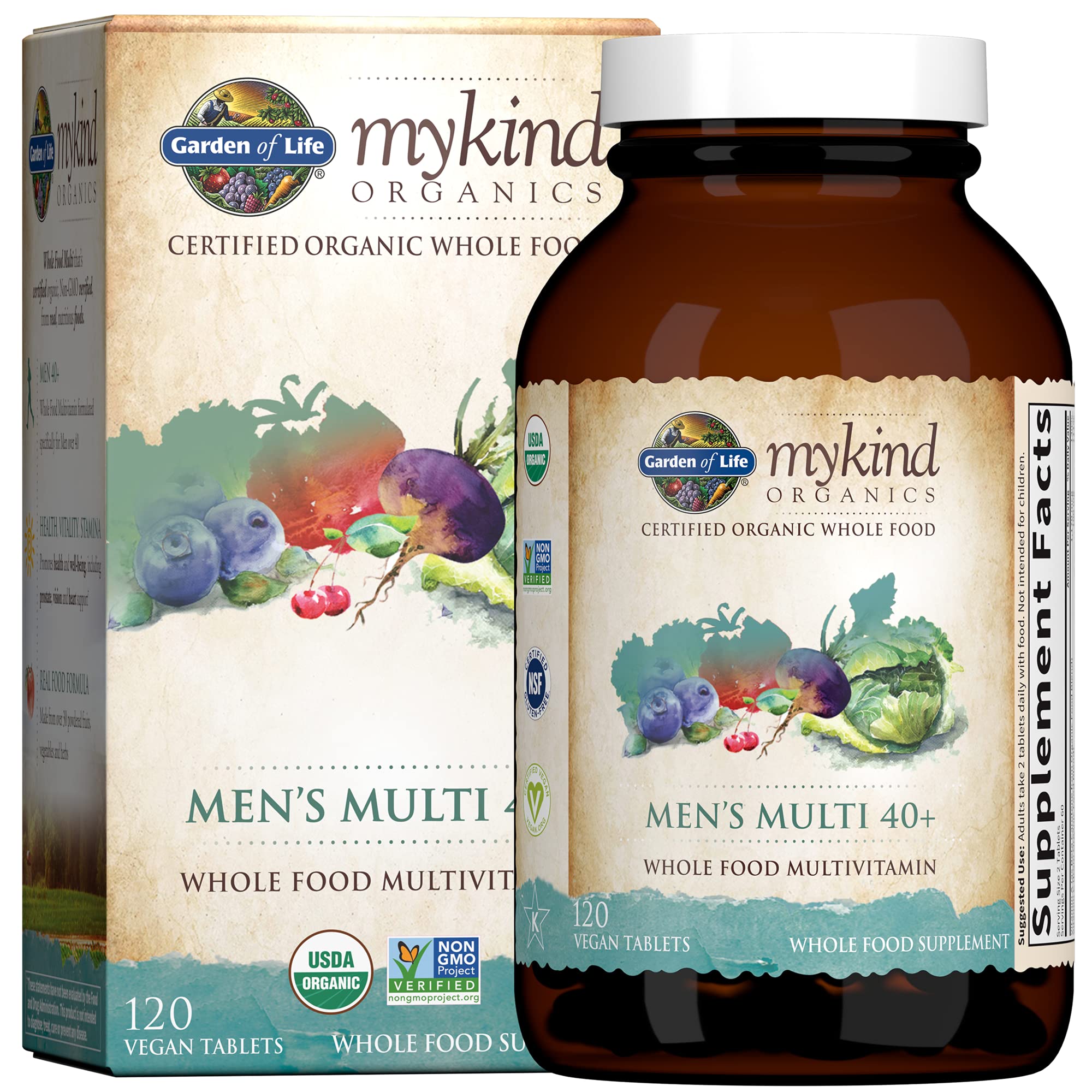 Garden of Life mykind Organics Whole Food Multivitamin for Men 40+ 120 Tablets, Vegan Mens Multi for Health & Well-Being Certified Organic Whole Food Vitamins & Minerals for Men Over 40 Mens Vitamins