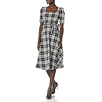 Women's Square Neck Elbow Sleeve Plaid Midi Fit and Flare Knit Dress