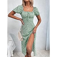 Necklaces for Women Square Neck Ditsy Floral Print Tie Front Split Thigh Dress (Color : Green, Size : Medium)