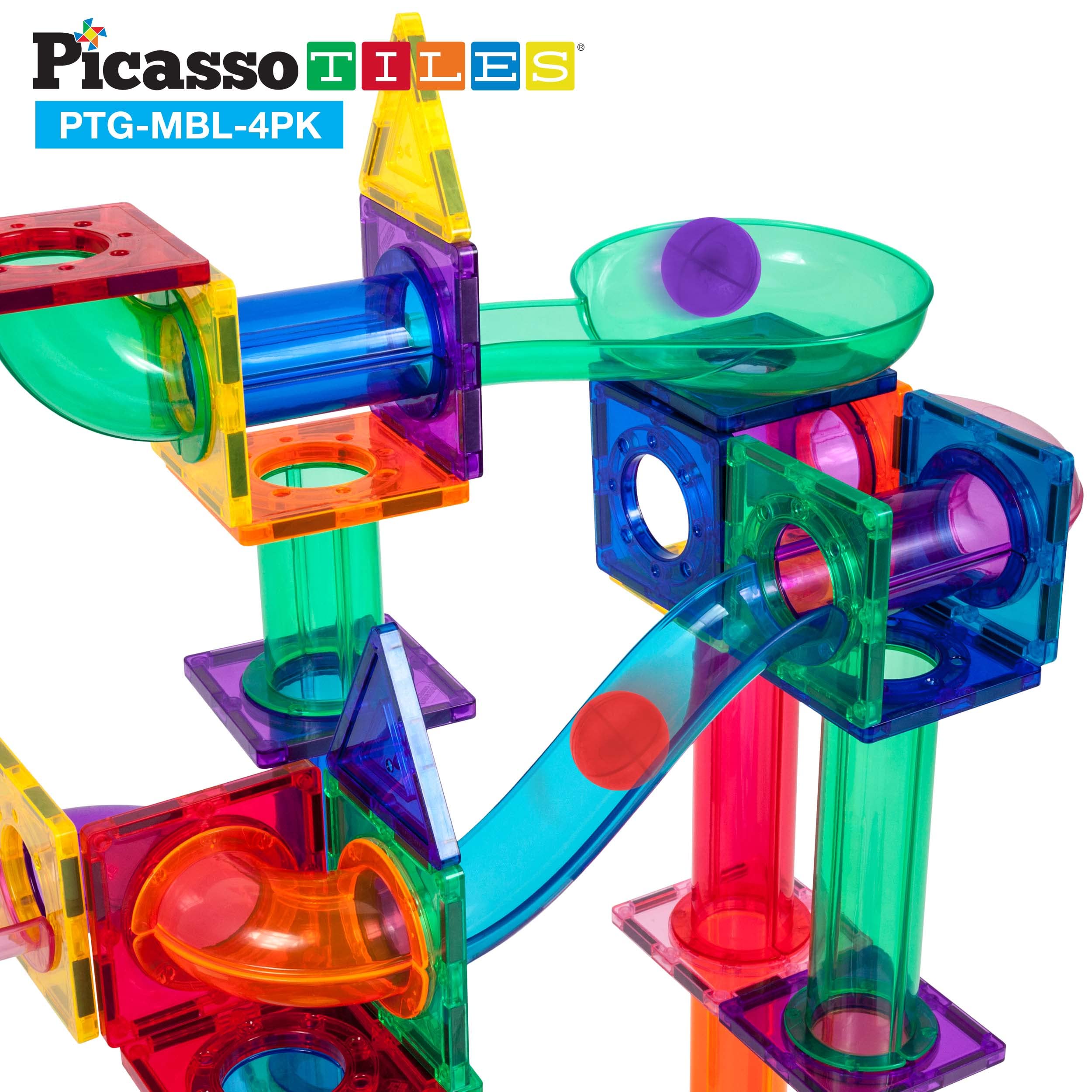 PicassoTiles 4pc Marbles for Magnetic Block Tiles Marble Run Race Track Magnet Building Tile Blocks Racetrack Maze Construction Toys Creative Toy Girls Boys 3 and Up Early Education STEM Learning Kit