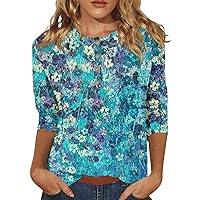 3/4 Sleeve Shirts for Women V Neck Floral Printed Button Down Neck Tops Fashion Retro Holiday Oversized Blouse