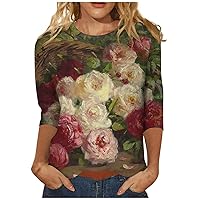 3/4 Sleeve Tunic Tops for Women Cute Floral Fashion Round Neck T-Shirt Blouse Sexy Basic Graphic Shirts