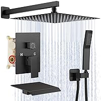 12 Inch Shower System with Tub Spout, 3 Function Matte Black Bathtub Shower Faucet Set, Wall Mounted Bathroom High Pressure Rain Shower Head with Handheld Sprayer Rough in Valve Body and Trim