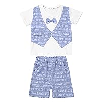 ACSUSS 2Pcs Baby Boys Gentlemen Outfit Single Button Fixed Bow Tie T-shirt Short Sleeve Elastic Waistband Print Shorts Set