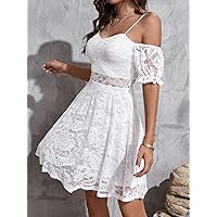 TLULY Dress for Women Cold Shoulder Flounce Cuff Guipure Lace Dress (Color : White, Size : Large)