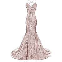 DYS Women's Sequins Mermaid Prom Dress Spaghetti Straps V Neck Backless Gowns Rose Gold US 4