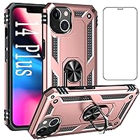 Phone Cases Designed for iPhone 14 Plus Case with Screen Protector Ring Stand Magnetic Kickstand ip14 i14 i x14 Fourteen 14+ 14S + Plus 14plus Phone Case Cover Pink Rose Gold