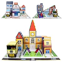 PicassoTiles 300pc Magnet Tiles + School Hospital Police Station, Master Builder Magnetic Building Block w/ 3 in 1 Playboard, 3-in-1 Theme Set, Magnet Self Adhesive Backing Stick-On Sheet Combo w/Car