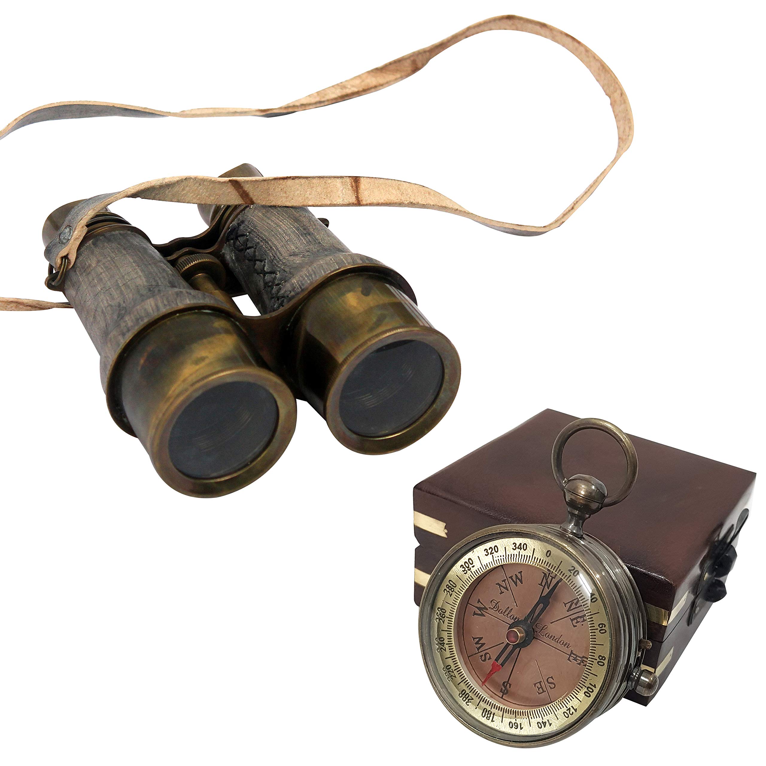 collectiblesBuy Vintage Maritime Leather Victorian Nautical Binocular with Antique Brass Compass with Box Combo