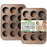 NutriChef 2-Piece Nonstick Muffin Pan Set - Carbon Steel Cupcake Baking Pans with 12 Cups - 15 inch x 11 inch Baking Tray Set - Gold