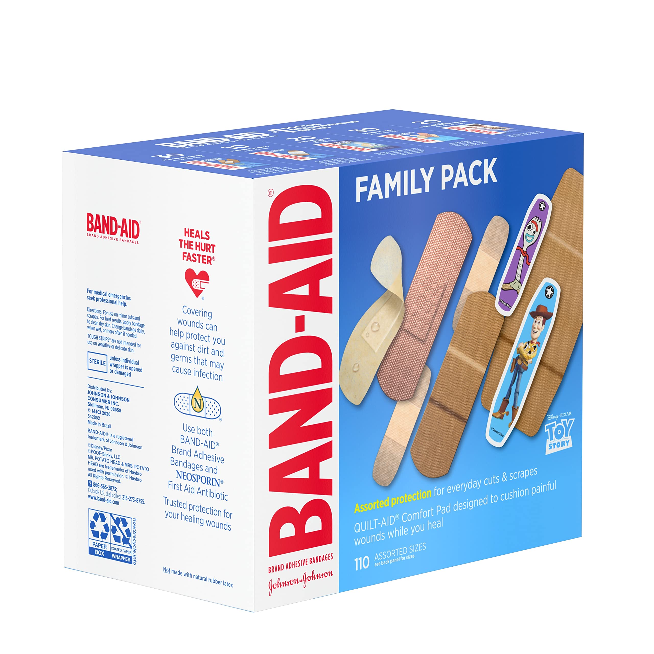 Band-Aid Adhesive Bandage Family Variety Pack in Assorted Sizes Featuring Water Block & Skin Flex, Flexible Fabric, Tough Strips & Pixar Character Bandages, 110 Count