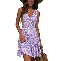 FENSACE Women's Summer Sleeveless Sexy Wrap V Neck Floral Sundress Mini Dress