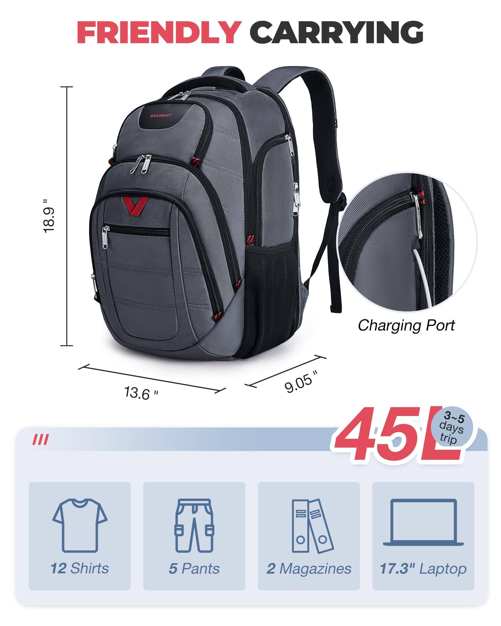 BAGSMART 45L Travel Laptop Backpack, TSA 17.3 Inch Laptop Backpack Flight Approved Travel Backpack with USB Charger Hole, Water Resistant College Computer Backpack Business Weekender Bag - Grey