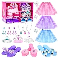 Princess Dress Up Shoes & Pretend Jewelry Toys, Dress Up Clothes for Little Girls, Toddler Role Play Shoes Set with 3 Pairs of Princess Shoes, Skirts, Tiaras Crowns, Gifts for 3 4 5 6 Year Old Girls