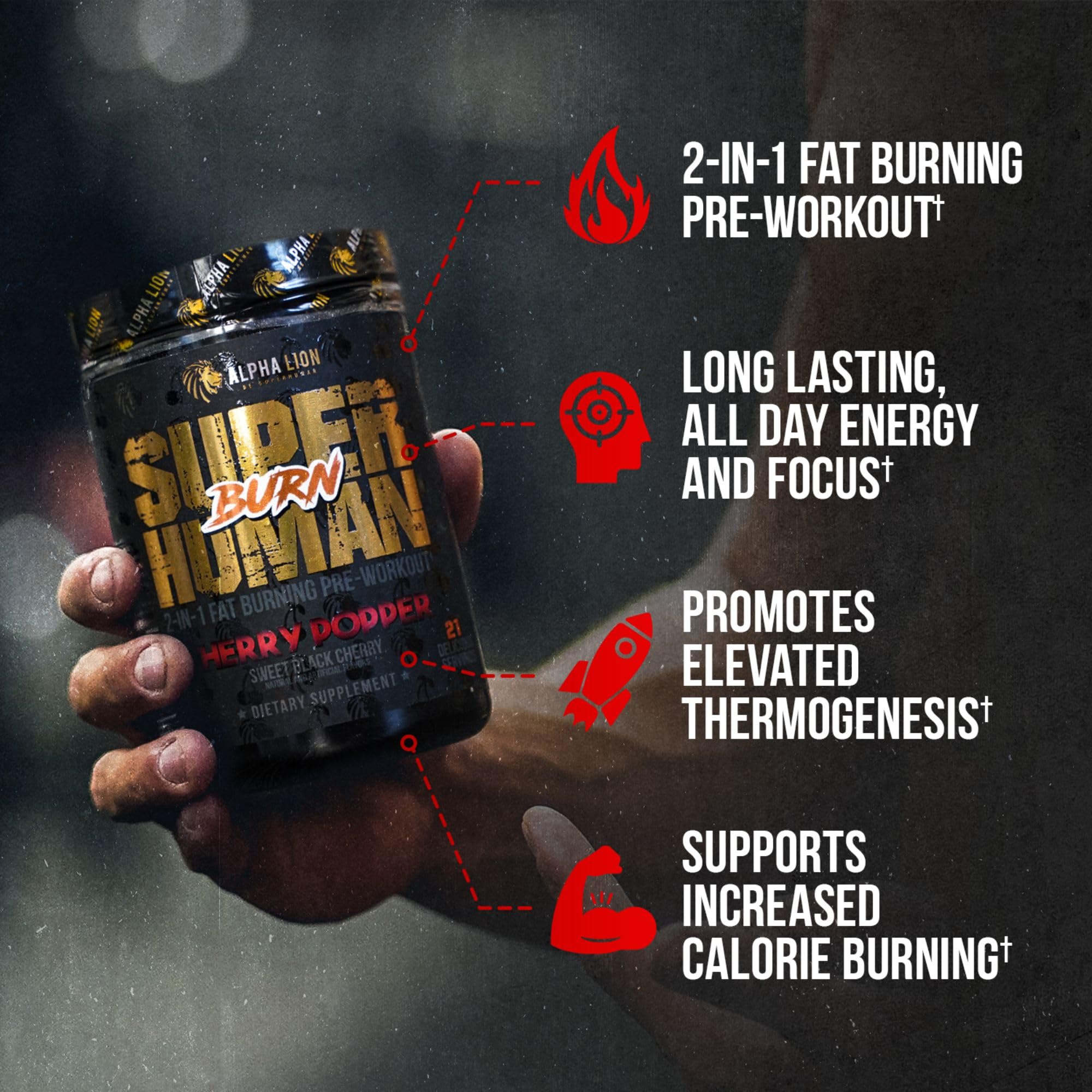 ALPHA LION Superhuman Burn 2-in-1 Metabolism Booster Pre Workout, Weight Loss Supplement, Appetite Suppressant, Fat Loss Support, Energy & Focus Powder (21 Servings, Sweet Black Cherry Flavor)