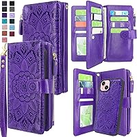 Harryshell Compatible with iPhone 15 / iPhone 14 / iPhone 13 6.1 inch 5G Wallet Case Detachable Removable Phone Cover Zipper Cash Pocket Multi Card Slots Wrist Strap Lanyard (Floral Purple)