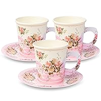 ROYAL BLUEBONNET Paper Tea Cup Set, 24 Disposable Teacups with Handles & Saucers, Floral Design for Hot & Cold Drinks, Tea Party Decorations, Tableware