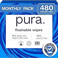 Flushable Wipes - 12 x 40 Toilet Wipes (480 Wipes), 100% Plastic Free Moist Toilet Tissue, 99% Water, Totally Chlorine Free & Fragrance Free, Sensitive Skin