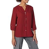 Zac & Rachel Women's Solid Crepe Button Front, Roll Tab Sleeve Blouse