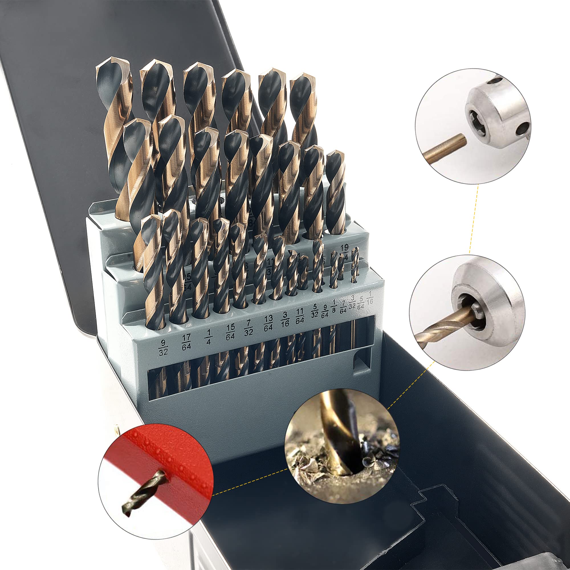 GMTOOLS 29Pcs Drill Bit Set, 135 Degree Tip High Speed Steel with Black and Gold Finish, Twist Jobber Length Drill Bit Kit for Hardened Metal, Cast Iron, Stainless Steel, Plastic and Wood with Metal Indexed Storage Case 1/16