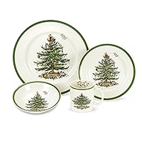 Spode Christmas Tree 4-Piece Dinnerware Setting | Made of Fine Earthenware | Service for 1 | Dinner Plate, Salad Plate, Soup Bowl and Mug | Dishwasher Safe