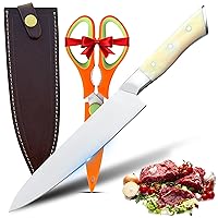 Handmade Chef Knife with Leather Sheath, Pro Kitchen Knife 8 Inch Chef’s Knives with High Carbon Steel, Sharp Knife with Ergonomic Handle (Bone, 8 Inc)