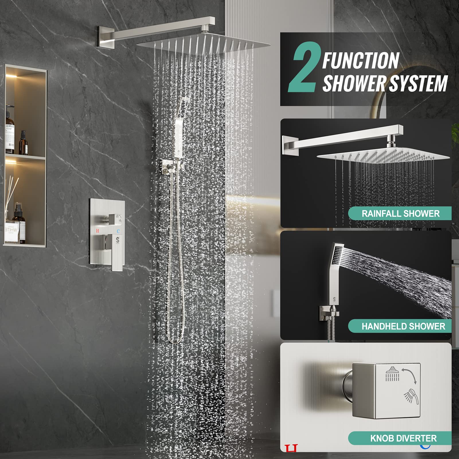 SR SUN RISE 12 Inches Bathroom Luxury Rain Mixer Shower Combo Set Wall Mounted Rainfall Shower Head System Brushed Nickel Finish Shower Faucet Rough-In