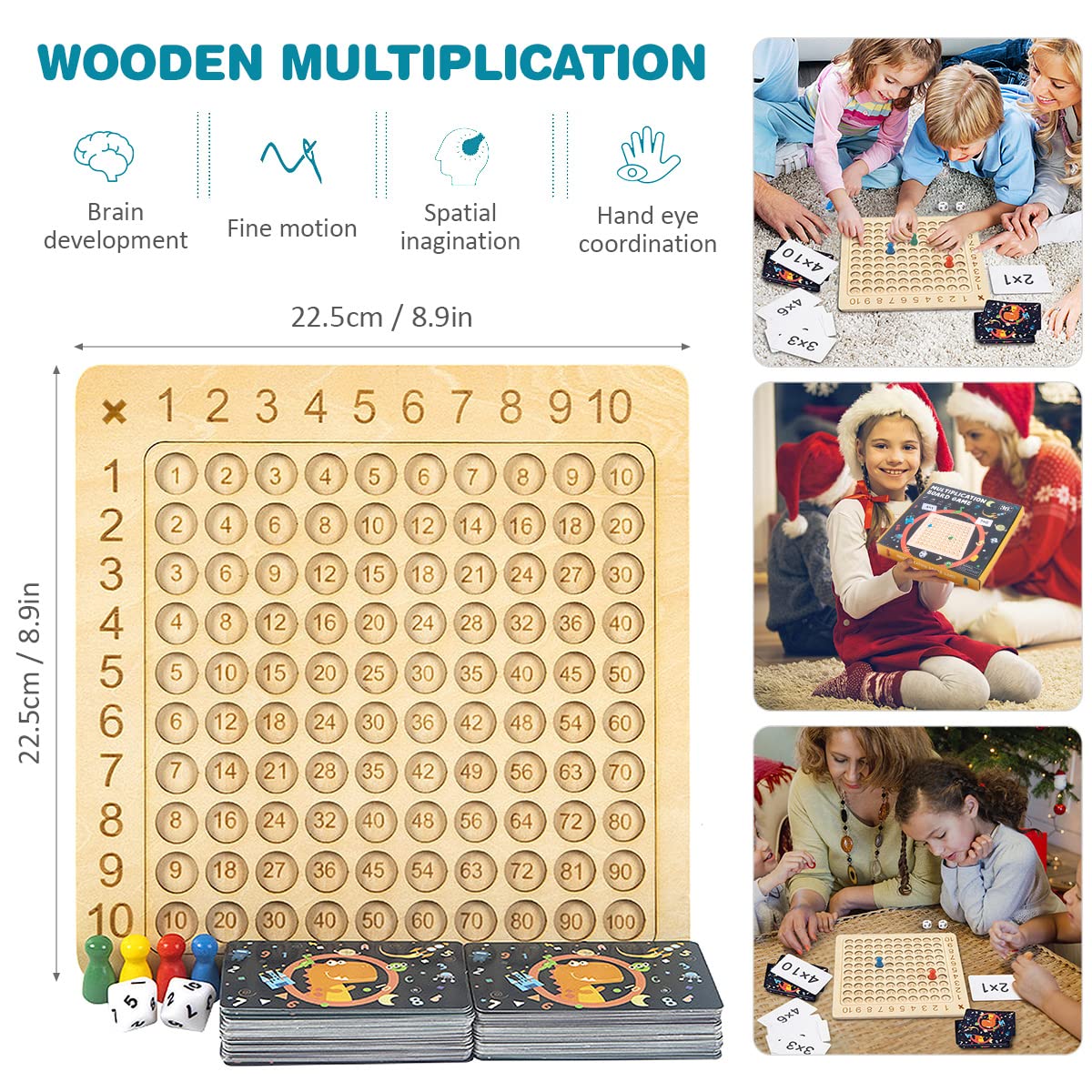 Keweis Wooden Montessori Multiplication Board Game with 100 Multiplication Flash Cards, Kids Math Counting Learning Toys Gift, Early Educational Learn Multiplication for Children Toddlers Kids