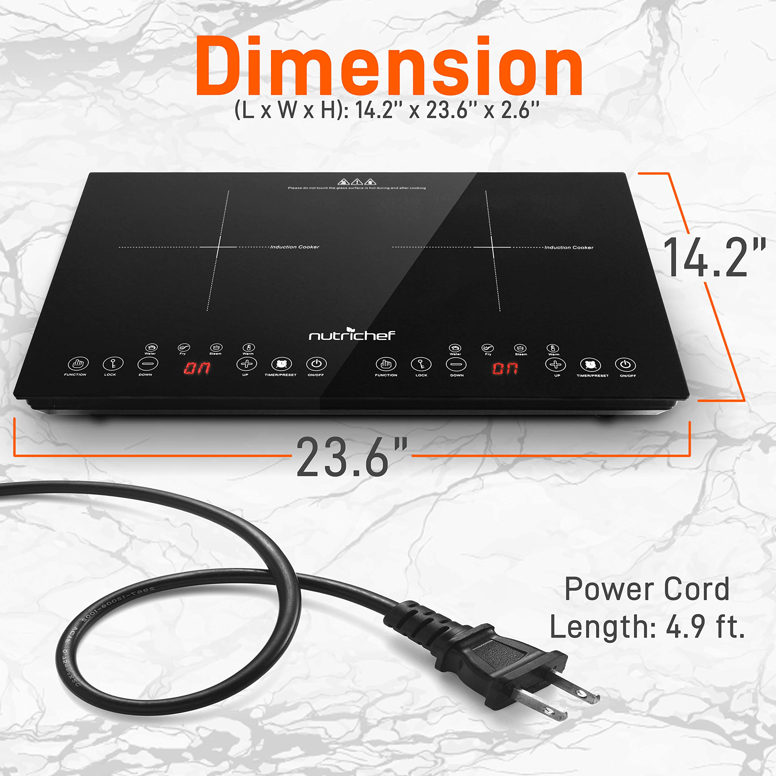 NutriChef Double Induction Cooktop - Portable 120V Digital Ceramic Dual Burner w/ Kids Safety Lock - Works with Flat Cast Iron Pan,1800 Watt,Touch Sensor Control, 12 Controls - NutriChef PKSTIND48