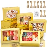 KPOSIYA 65 PCS 8x6x2.5 Inch Cookie Boxes with Window Gold Bakery Boxes Pastry Boxes for Gift Giving, Treat, Dessert, Cupcakes, Chocolate, Strawberries, Donuts, Muffins (5 Style Windows)