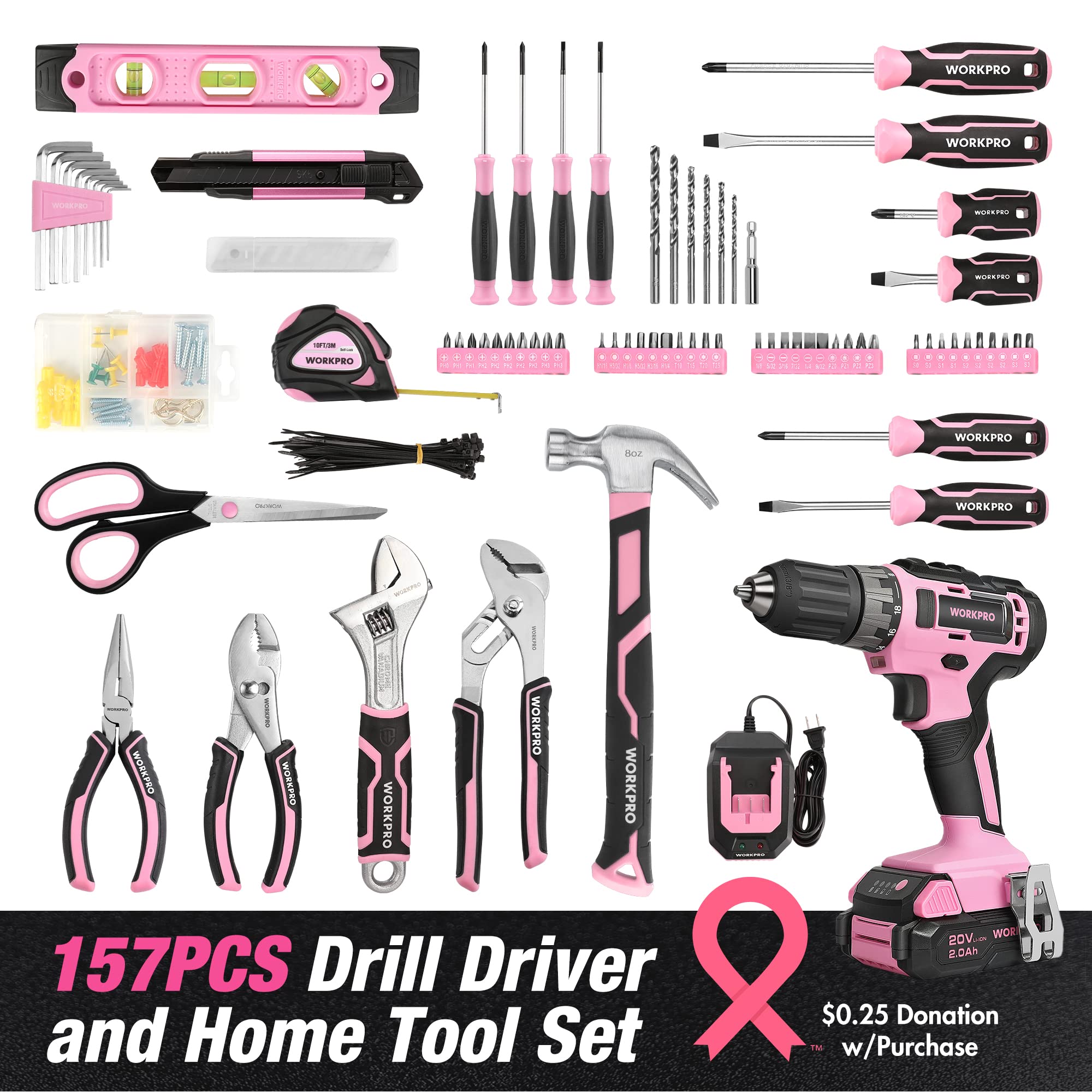 WORKPRO Pink Household Tool Kit with Drill, 157PCS Women Pink Tool Set with 20V Cordless Lithium-ion Drill Driver, Home Tool Kit for All Purpose, Power Drill Sets with Pink Tool Bag - Pink Ribbon