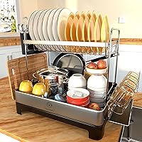 Genteen Dish Drying Rack, 2 Tier Stainless Steel Dish Rack with Drainboard and Rotatable Spout, Dish Drainers for Kitchen Counter with Utensil, Glass, Cutting Board Holder - Black