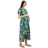 Bimba Nursing Kaftan Cotton Maternity Night Gown, Front & Side Buttons with Belt Multicolor