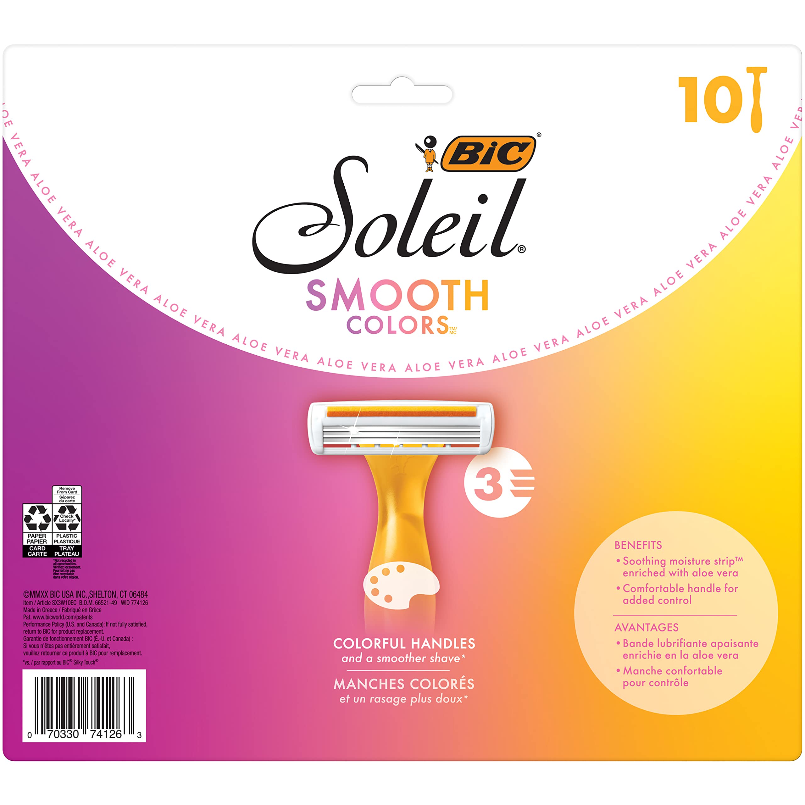 BIC Premium Shaving Razor Set with Aloe Vera and Vitamin E Lubricating Disposable Razors for Women, Strip Soleil Color, 10-Count, 3 Blades