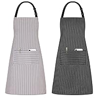 2 Pack Kitchen Aprons Striped Cooking Chef Adjustable Bib Apron with 2 Pockets for Men Women, Brown Pinstripe/Black Pinstripe
