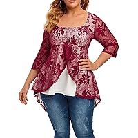 Rosegal Womens Plus Size Lace-up Sheer Lace Long Sleeve Blouse and Space Dye Camisole Twinset