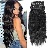 Clip In Hair Extensions 4PCS 20inch Black Synthetic Fiber Long Loose Wave Thick Hair Pieces for Women