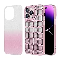 Compatible with iPhone 14 Pro Max Bling Sparkly Case 3D Plaid Cube Weave Pattern Phone Cover with Camera Lens Protector Detachable Gradient Glitter Paper Girly Women Electroplated Case,Pink