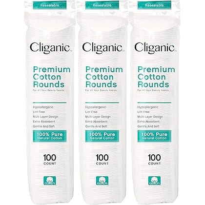 Cliganic Premium Cotton Rounds for Face (300 Count) - Makeup Remover Pads, Hypoallergenic, Lint-Free | 100% Pure Cotton