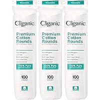 Cliganic Premium Cotton Rounds for Face (300 Count) - Makeup Remover Pads, Hypoallergenic, Lint-Free | 100% Pure Cotton