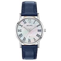 Bulova Ladies Classic Stainless Steel 3-Hand Date Quartz Slim Watch with Blue Leather Strap, Silver-Tone, 32mm Style: 96M146
