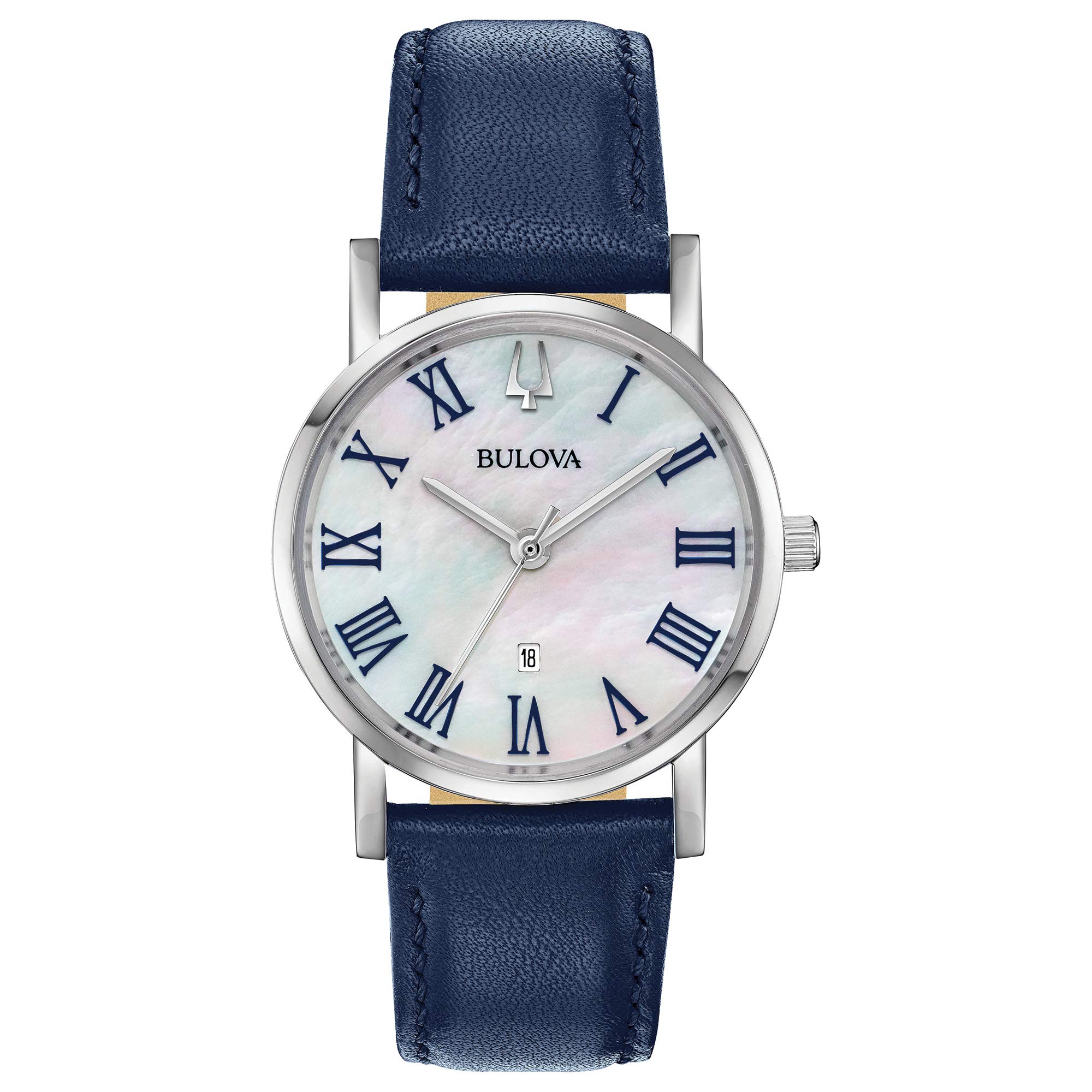 Bulova Classic Quartz Ladies Watch, Stainless Steel with Blue Leather Strap, Silver-Tone (Model: 96M146)