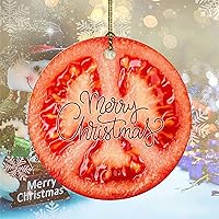 Merry Christmas Fruit Pattern Tomato Ceramic Ornament Christmas Round Tree Hanging Double Sides Printed Vintage Ornaments with Gold String for Outdoor Indoor Tree Decorations Decor Gifts 3