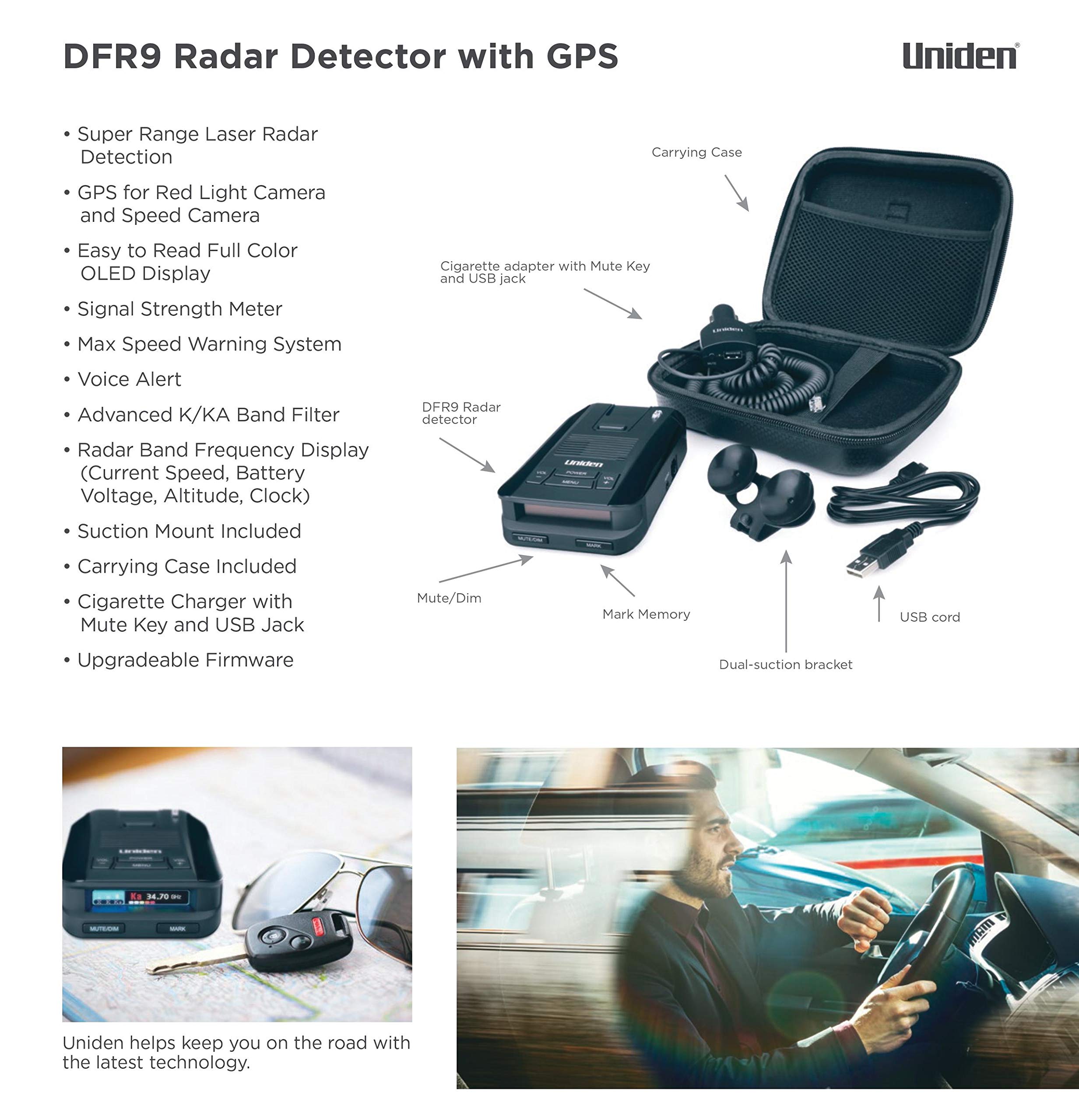 Uniden DFR9 Super Long Range Laser and Radar Detection, Built-In GPS for Red Light Cameras and Speed Camera Alerts, Easy to Read Full Color OLED Display