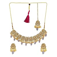 Crunchy Fashion Bollywood Traditional Indian Wedding Kundan Faux Aqua Pearl Necklace Set With Earring & Tika for women/girls